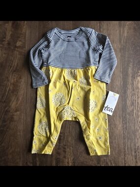 NWT Tea Collection Girls 0-3 Month Yellow Tossed Dandelions Mixed Print Romper
